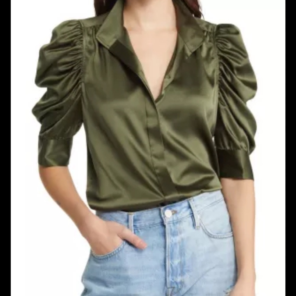 Frame Denim Olive Green Satin Blouse